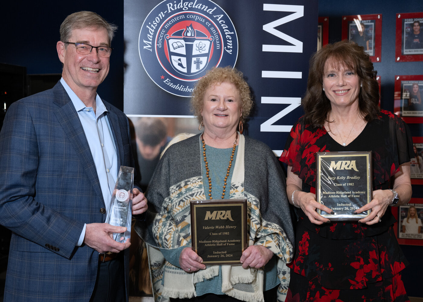 Madison-Ridgeland Academy held an induction ceremony last week for the school’s Athletic Hall of Fame. Pictured from left are Ruston Webster (Distinguished Alumnus of the Year), Valerie Webb Henry (inductee) and Suzy Kelty Bradley (inductee). The late Sam Rea was also inducted into the Hall of Fame.